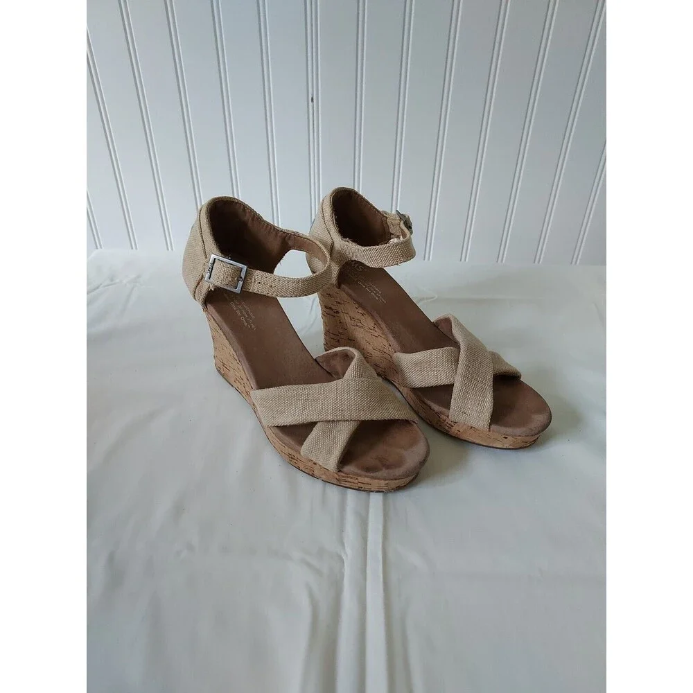 Toms Women's Size 7.5 Sierra Natural Canvas Cork Strappy‎ Wedges Sandals